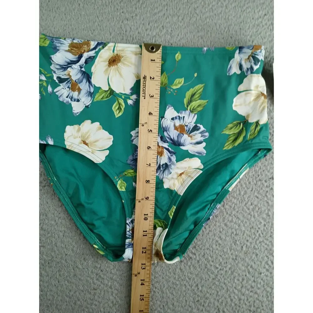 Lands' End Lycra Swim Bottoms Womens 8 Medium Green High Rise Floral Bikini NWT